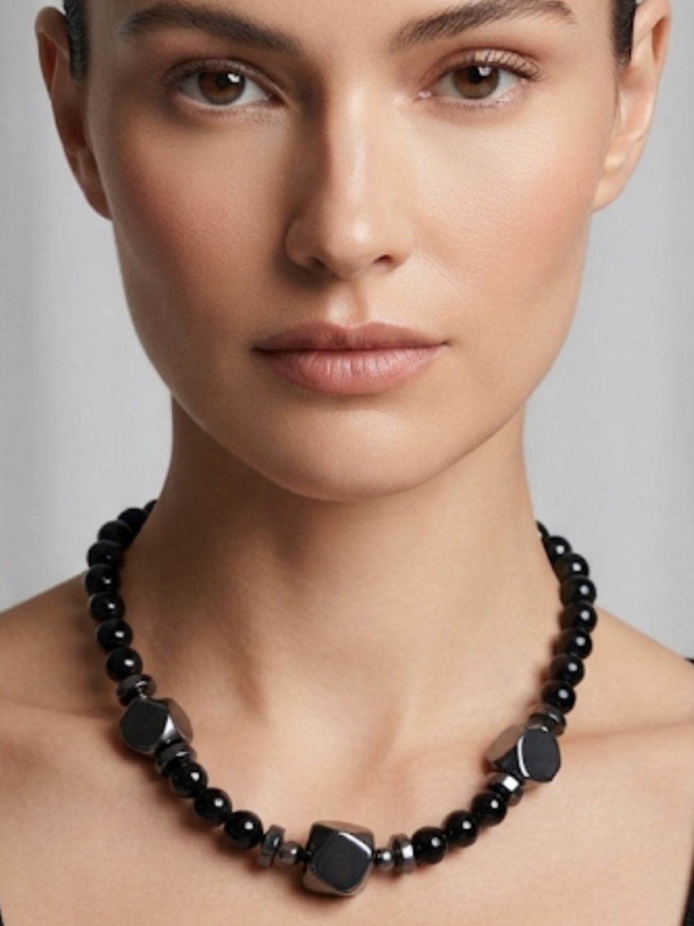 Black Beaded Stretch Necklace - Minimalist Statement